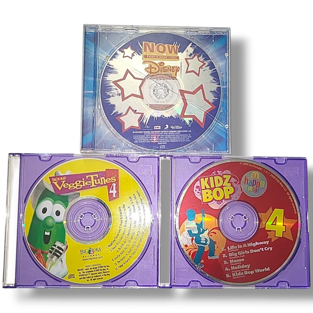3 CD Lot Kids Music Compilations Kidz Bop Disney Now Veggie Tales
